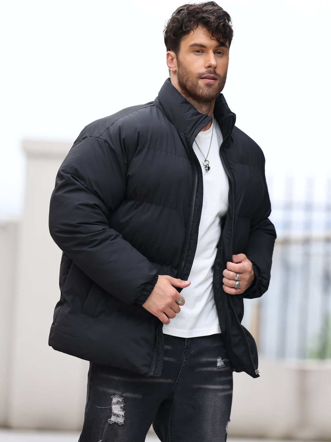 Veste d'hiver chaude matelassée avec fermeture éclair et col montant pour hommes | Parfait pour les activités de plein air