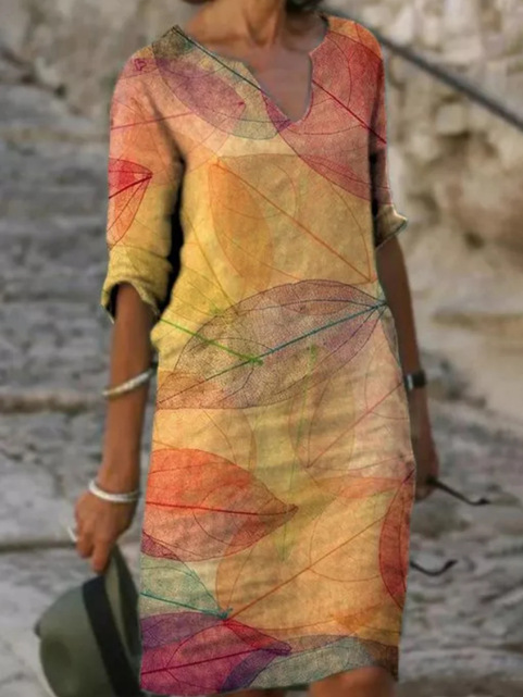 Boho Damenkleid mit Blätterdruck – Lockeres Freizeitkleid mit V-Ausschnitt & 3/4 Ärmeln für Sommer, Urlaub & Alltag