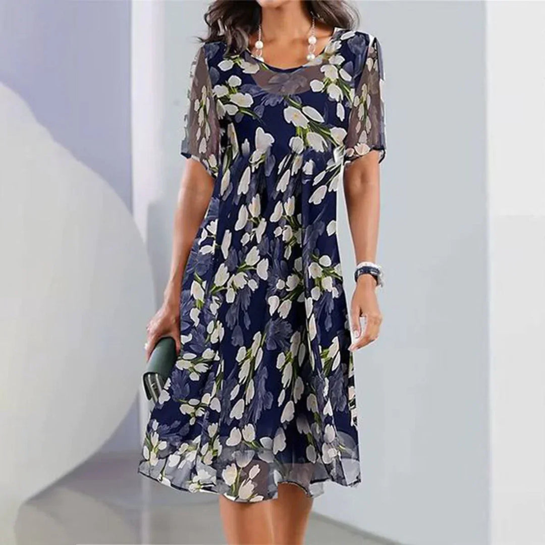 Damen Chiffonkleid mit Blumenmuster – Luftiges Sommerkleid mit Mesh-Details & kurzen Ärmeln – Elegantes A-Linien Kleid für Freizeit & Anlässe