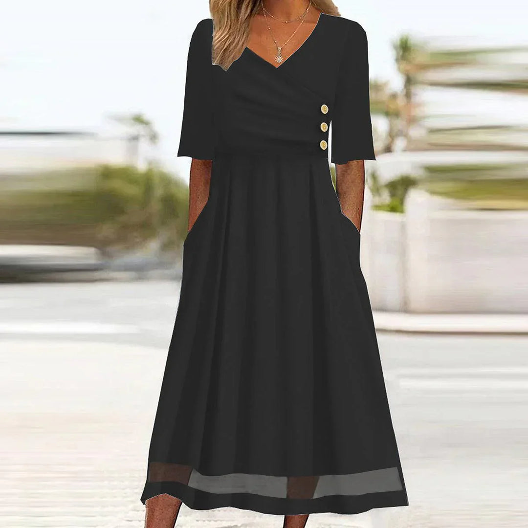 Elegantes Damen Midikleid mit V-Ausschnitt – Halbarm A-Linienkleid mit Knopfdetail und Taschen – Business & Freizeit Look