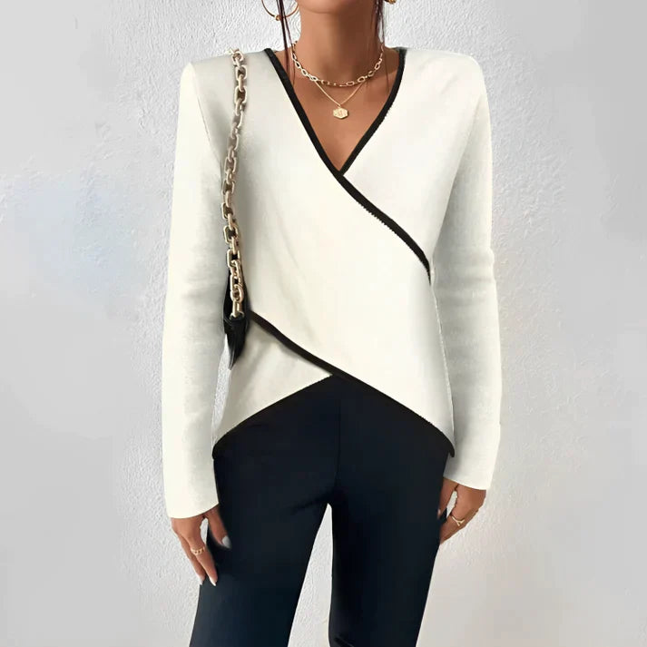 Maglione asimmetrico da donna – elegante maglione con scollo a V, cuciture a contrasto e effetto incrociato