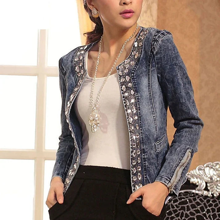 Francine - giacca corta blu con cerniera e paillettes
