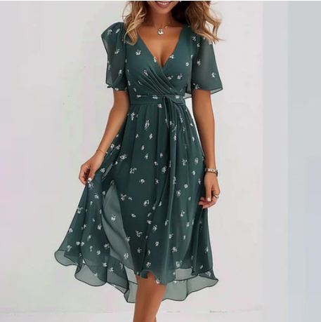 Abito avvolgente da donna con motivo floreale – abito estivo in chiffon a linea A con scollo a V e maniche corte – elegante abito midi per vacanze e uso quotidiano