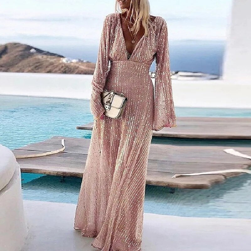 Abito lungo scintillante con scollatura a V profonda e maniche lunghe – Elegante abito da sera per gala, matrimonio ed eventi