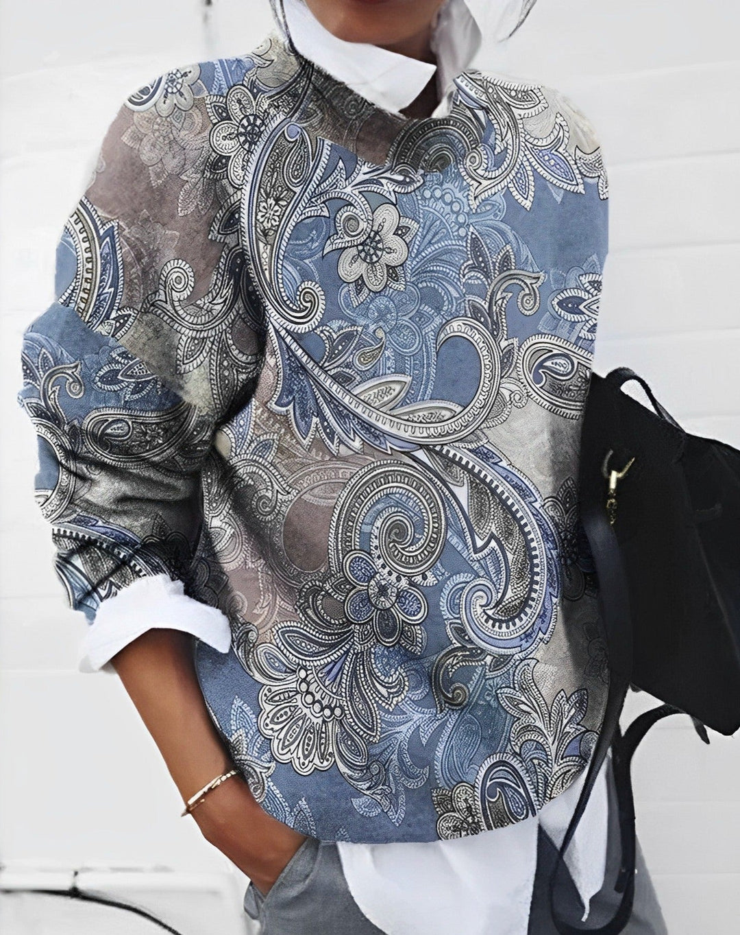 Camicia oversize da donna con stampa floreale boho – Camicetta a maniche lunghe con scollo rotondo