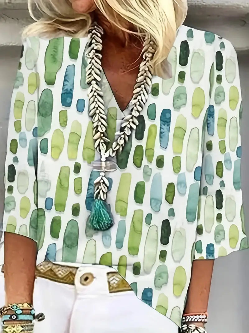 Geometrische Bluse mit V-Ausschnitt und Dreiviertel Ärmeln