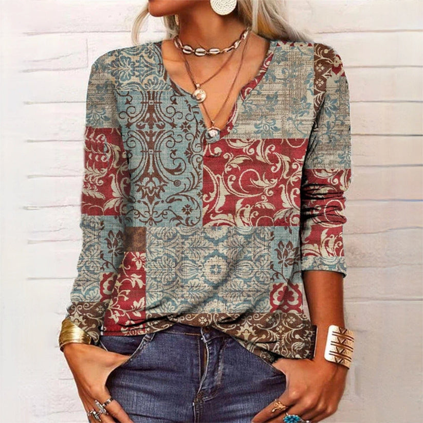 Maglia a maniche lunghe boho con motivo patchwork – Top vintage da donna in stile hippie