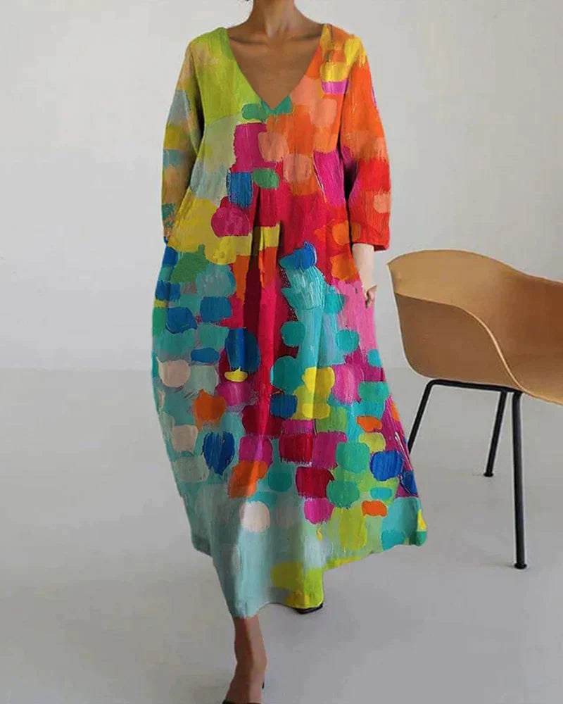 Lockeres Damen Midikleid mit künstlerischem Print – Weit geschnittenes Kleid mit V-Ausschnitt & 3/4-Ärmeln – Boho Style für Freizeit & Urlaub