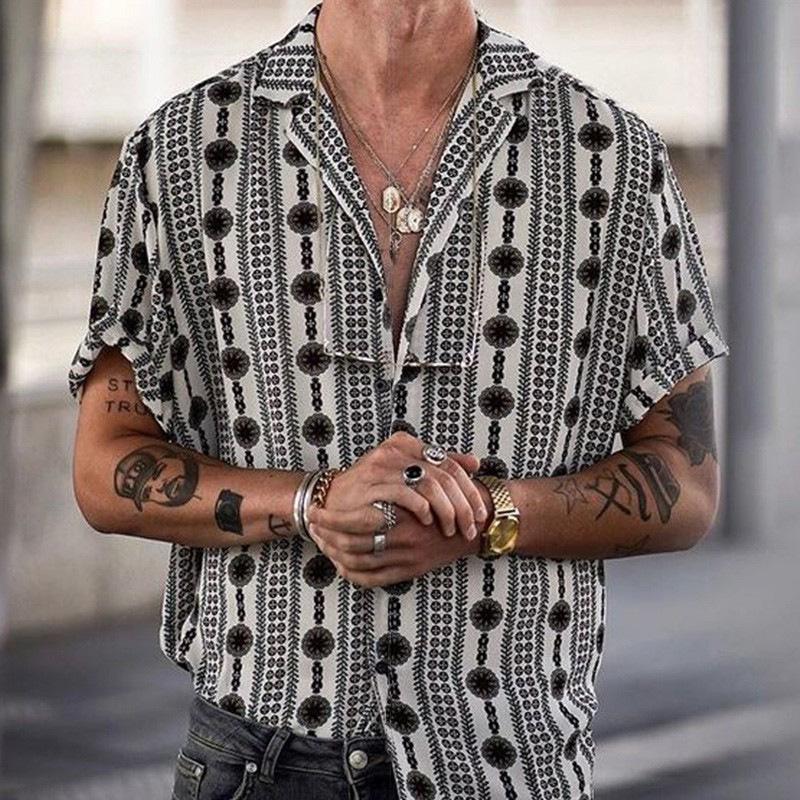 Chemise homme avec motif vintage et col à revers – Chemise à manches courtes ample style rétro streetwear