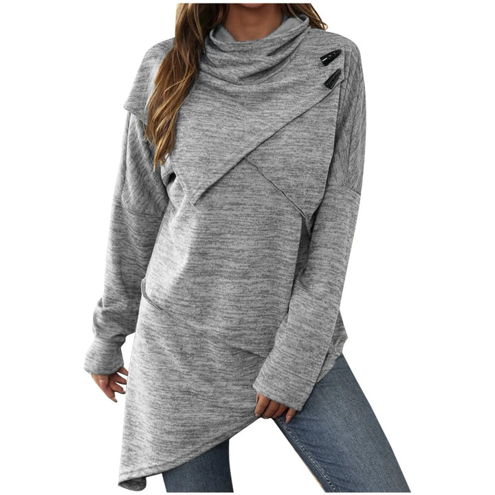 Sweat à capuche asymétrique pour femme – Pull long avec col châle croisé et détails à boutons