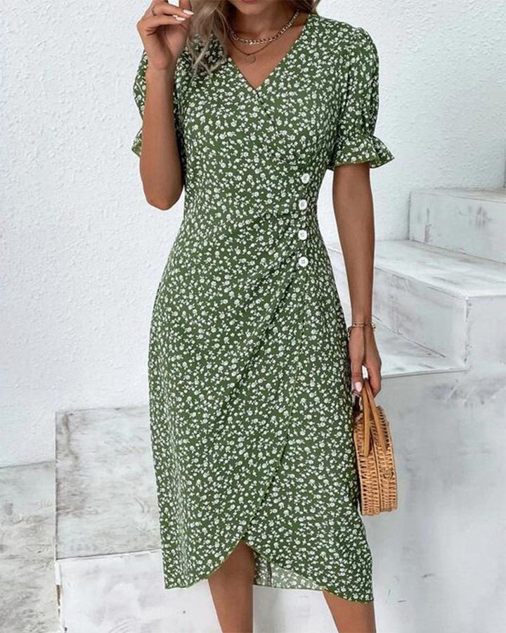 Vestito estivo con stampa floreale – Abito avvolgente da donna con scollo a V e maniche corte – Elegante abito casual con dettagli a bottoni
