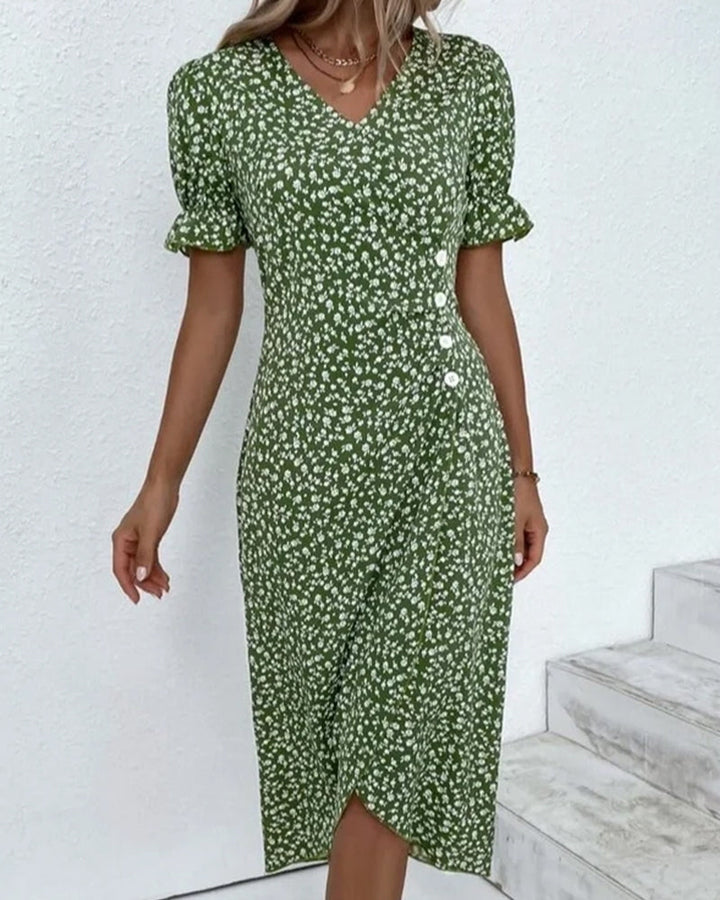 Vestito estivo con stampa floreale – Abito avvolgente da donna con scollo a V e maniche corte – Elegante abito casual con dettagli a bottoni
