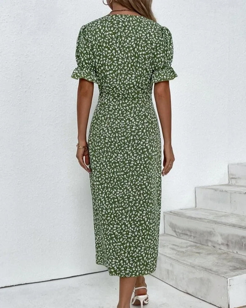 Vestito estivo con stampa floreale – Abito avvolgente da donna con scollo a V e maniche corte – Elegante abito casual con dettagli a bottoni