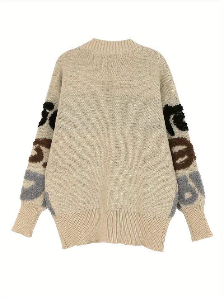 Lässiger Buchstabenmuster Knopf Unten Strickjacke Für Damen | Perfekt für lässige Tage