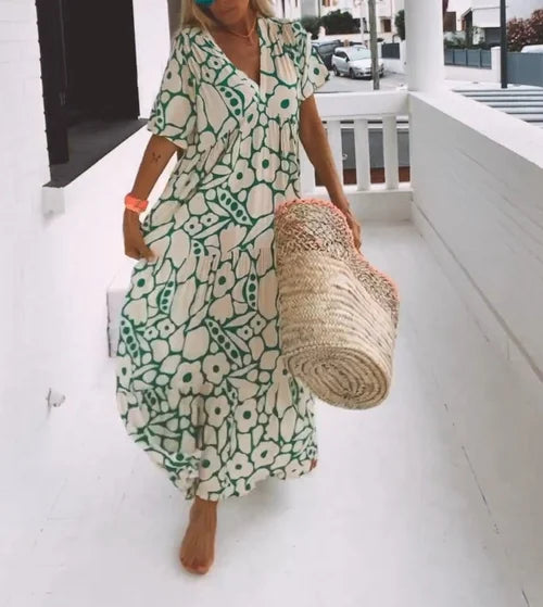 Abito lungo donna con stampa floreale – Abito estivo arioso con scollo a V e maniche corte per vacanze e spiaggia