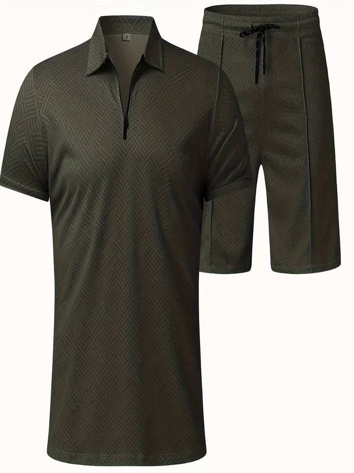 Herren Sommer Set mit Reißverschluss-Poloshirt & Shorts – Zweiteiliges Outfit mit Muster für Urlaub, Freizeit & Strand