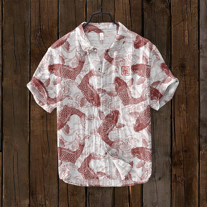 Sommer Hemd mit Koi-Fisch Motiv – Japanisches Design Herren Shirt mit Kurzarm – Leichtes Freizeitshirt im asiatischen Stil
