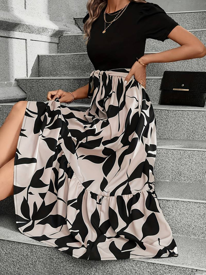 Abito lungo da donna con cintura in vita – Elegante abito casual con stampa foglie per tutti i giorni, ufficio e occasioni estive