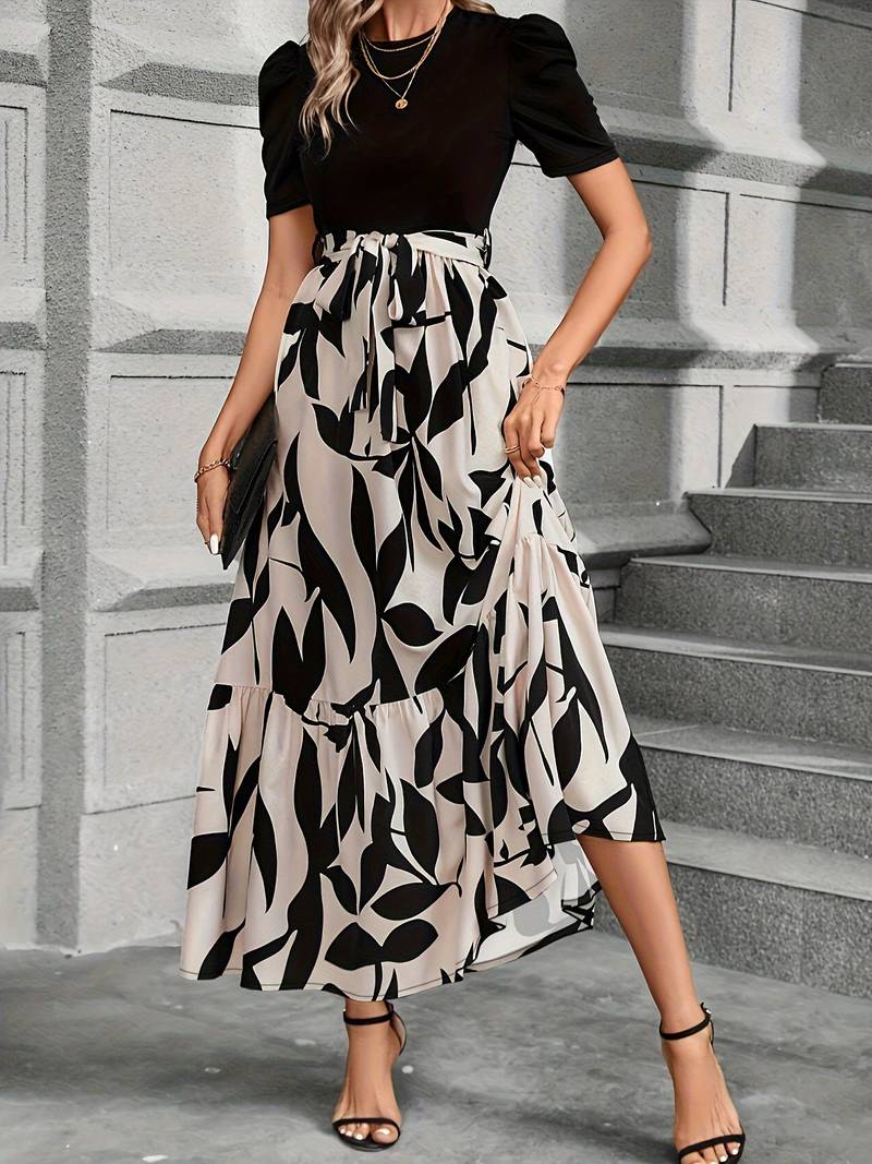 Abito lungo da donna con cintura in vita – Elegante abito casual con stampa foglie per tutti i giorni, ufficio e occasioni estive