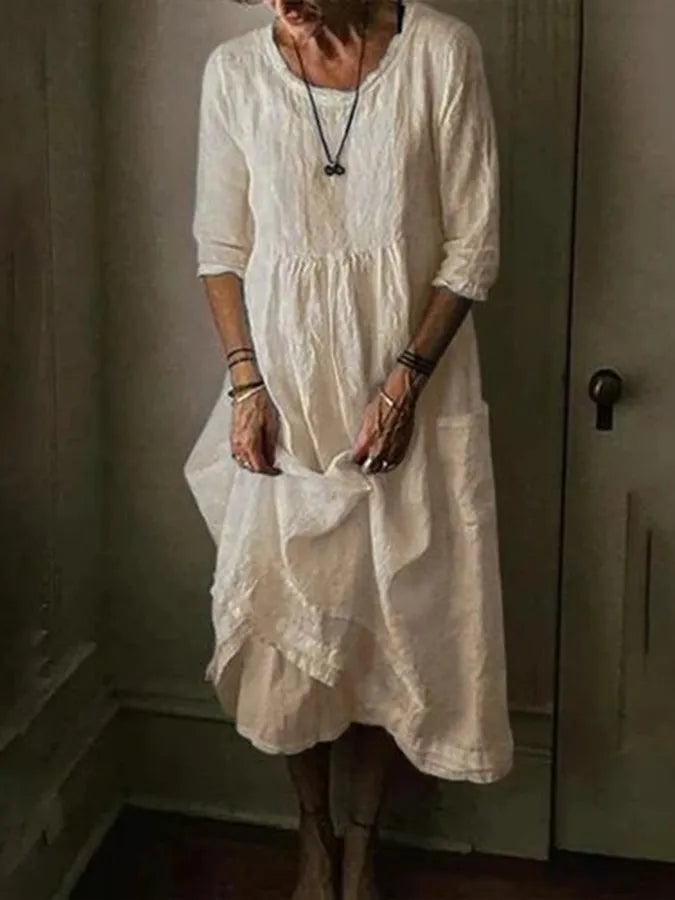 Vestito casual in lino con tasche – vestibilità ampia con maniche 3/4