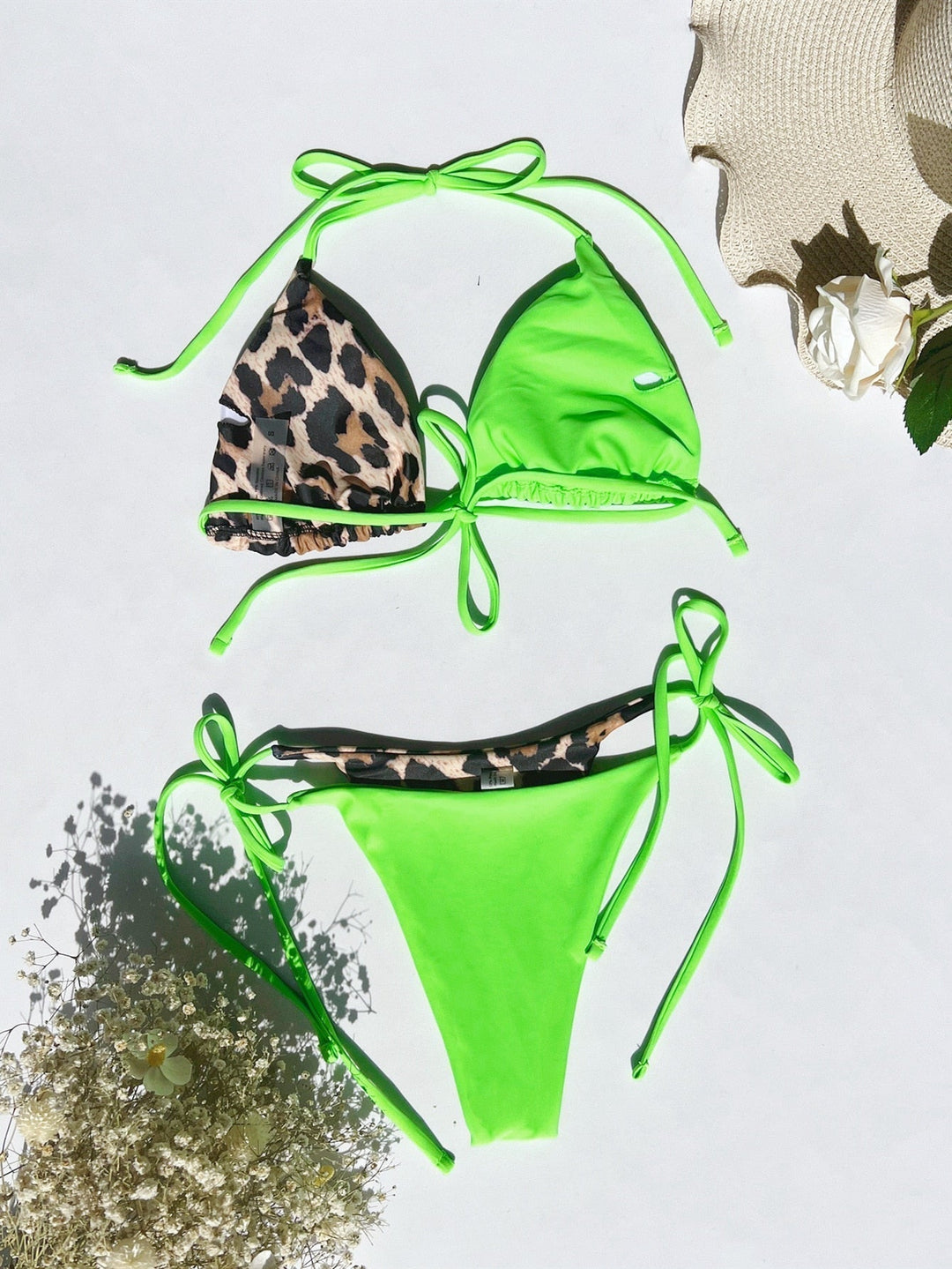 Set bikini sexy da donna con stampa leopardata e top a triangolo – da annodare per spiaggia e piscina