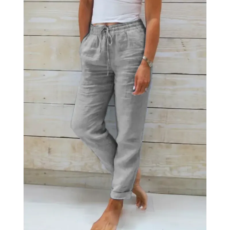 Pantalon en lin pour femmes avec ceinture élastique – Pantalon décontracté aéré avec cordon de serrage pour l'été, les vacances et le quotidien