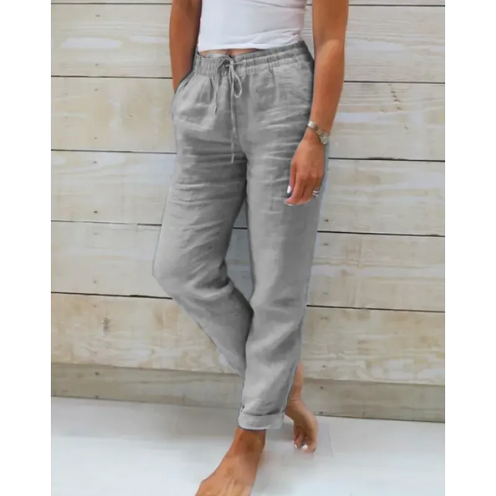 Pantalon en lin pour femmes avec ceinture élastique – Pantalon décontracté aéré avec cordon de serrage pour l'été, les vacances et le quotidien