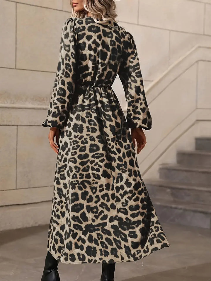 Abito lungo con stampa leopardata da donna – Abito avvolgente a maniche lunghe con spacco e scollo a V