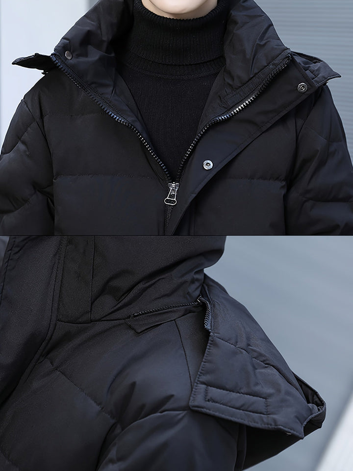 Veste d'hiver chaude longue matelassée noire à capuche en coton pour hommes | Parfaite pour les activités de plein air