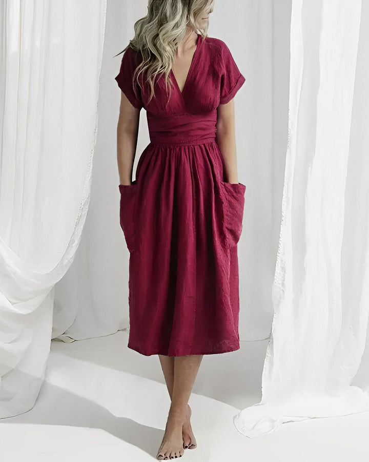 Robe midi élégante ILSE avec ceinture et poches latérales