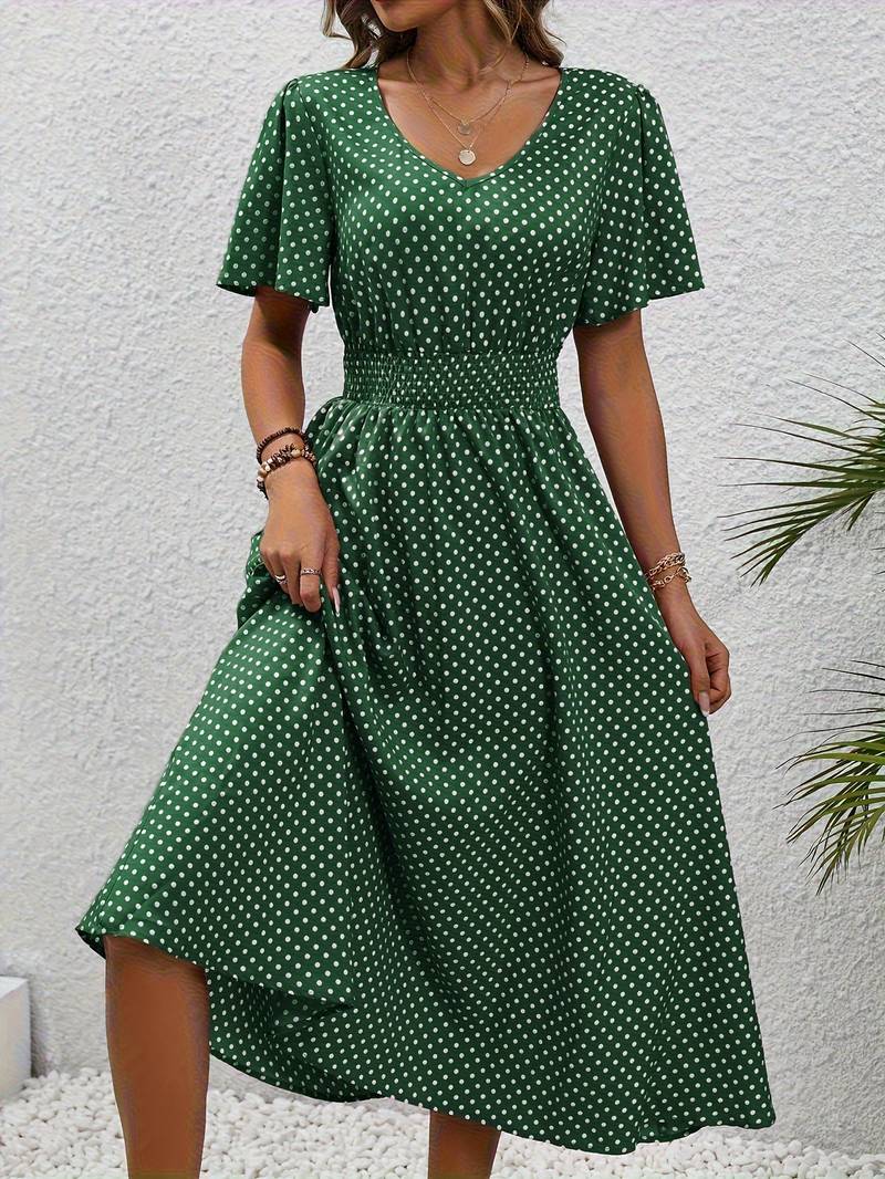 Abito midi da donna con pois e coulisse – Abito estivo arioso con scollo a V e maniche corte