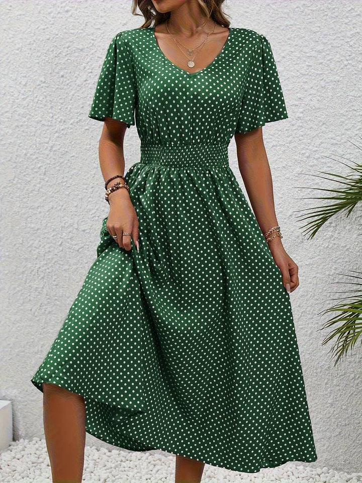 Abito midi da donna con pois e coulisse – Abito estivo arioso con scollo a V e maniche corte