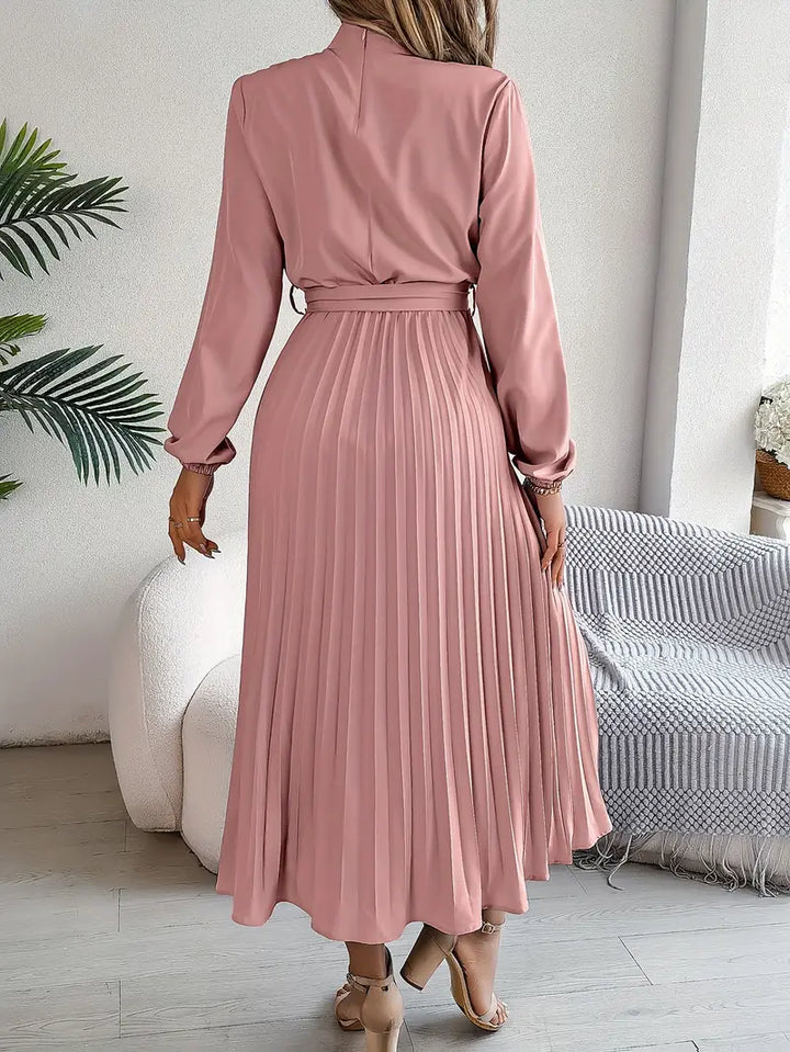 Elegante abito midi plissettato con cintura – abito a maniche lunghe da donna per ufficio e occasioni speciali