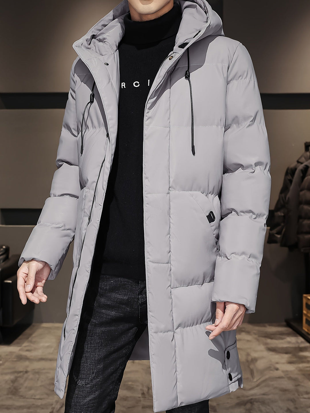 Veste longue noire chaude matelassée avec capuche en coton pour homme | Parfaite pour les activités de plein air
