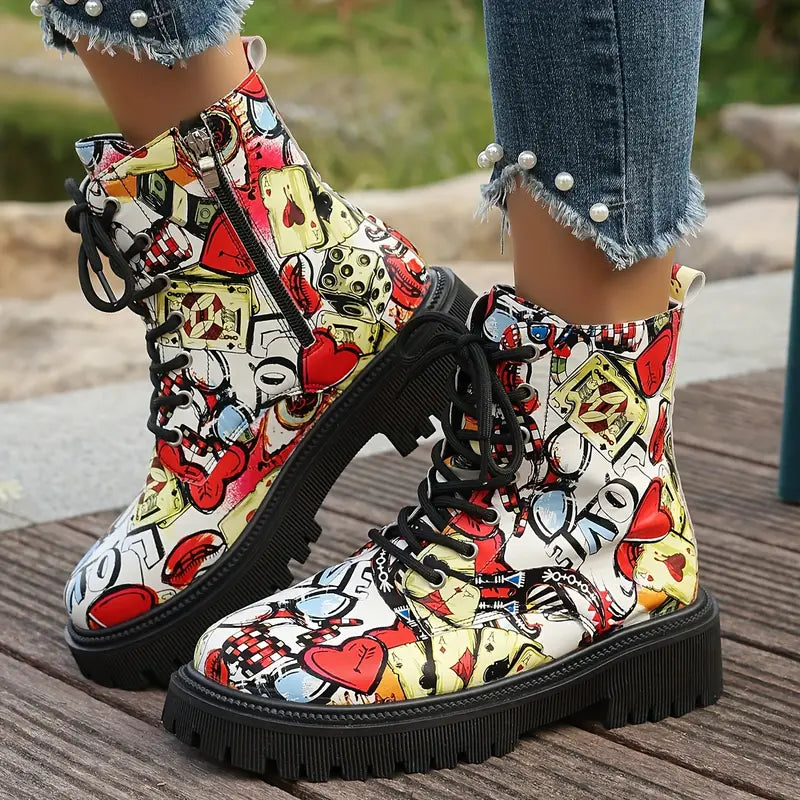 Bottines amusantes et festives avec imprimé cartoon, talon bas et fermeture éclair