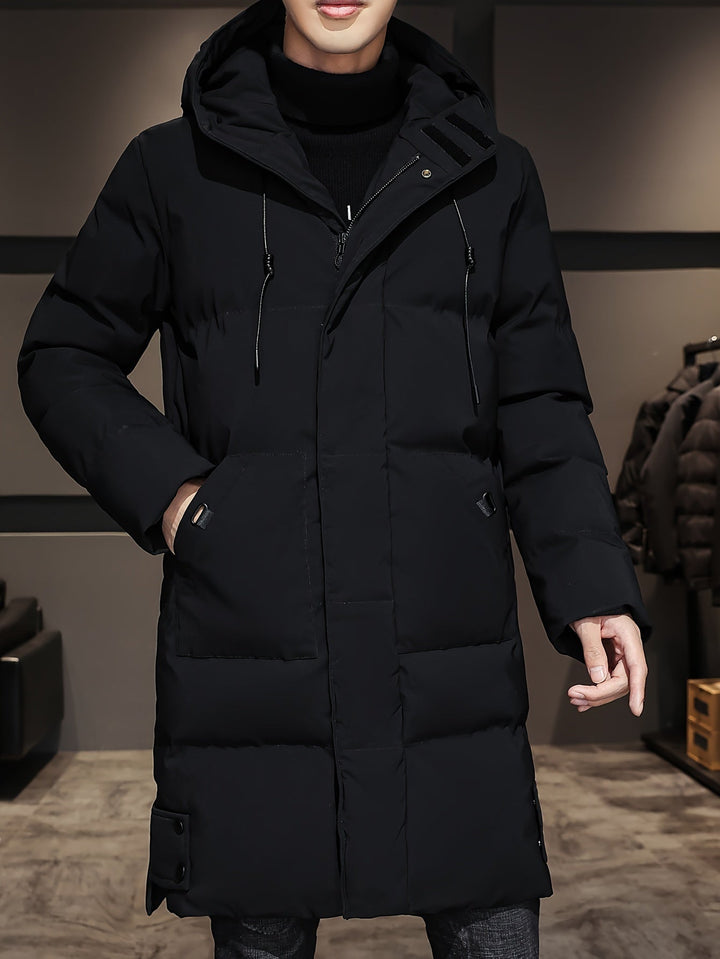 Veste longue noire chaude matelassée avec capuche en coton pour homme | Parfaite pour les activités de plein air