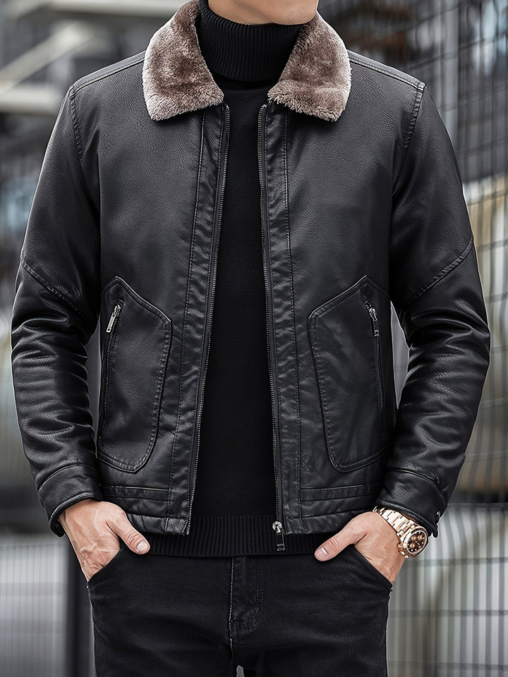 Casual Fleece Gefütterte PU Lederjacke Mit Schicker Reißverschlusstasche Für Herren | Perfekt für Casual Tage
