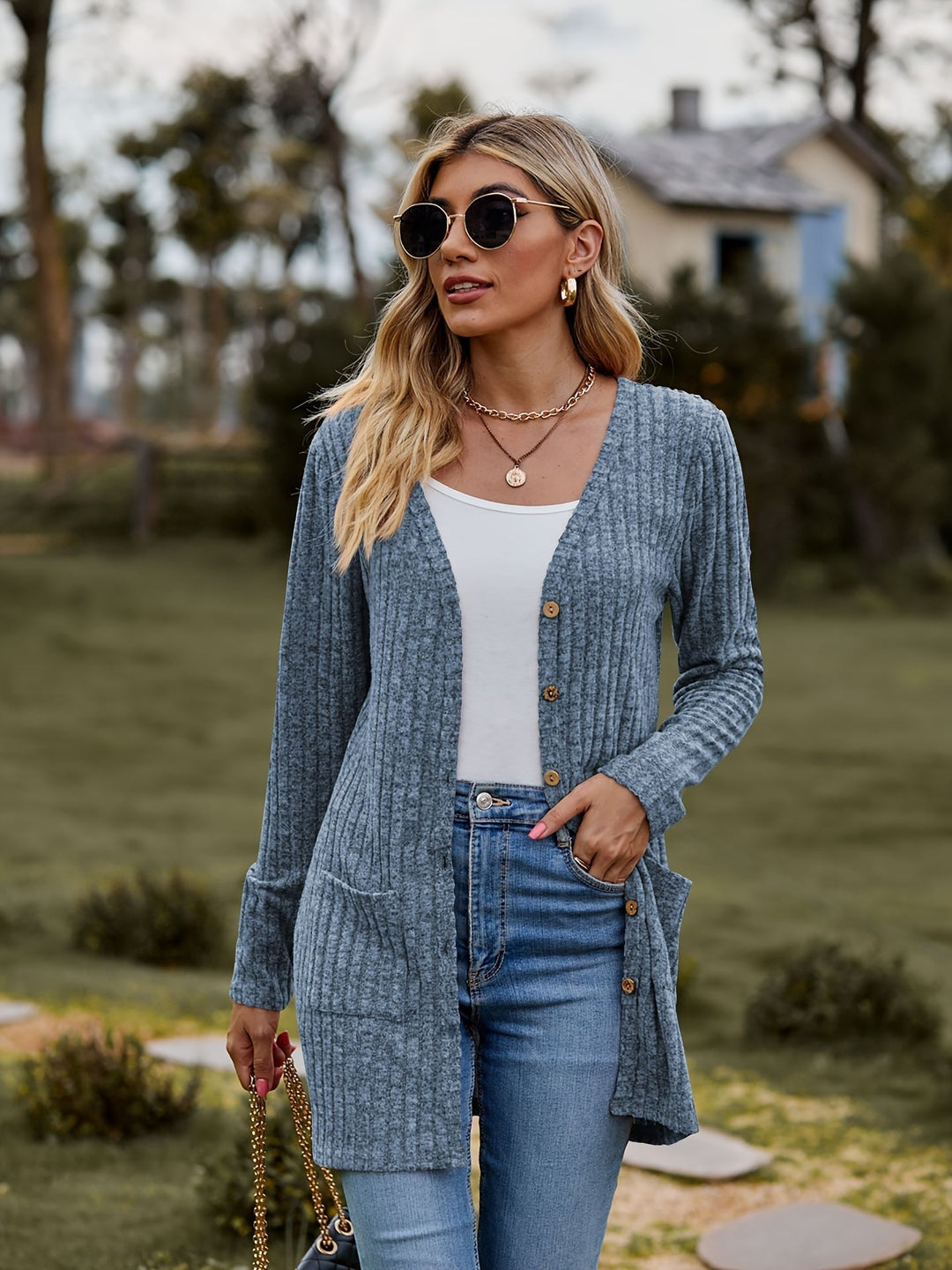 Lässiger warmer gerippter Baumwolle Strickcardigan für Damen | Perfekt für lässige Tage