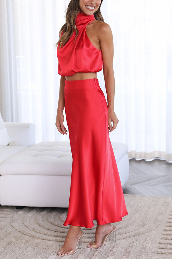 Zweiteiliges Satin Set für Damen – Elegantes Neckholder Top & Maxi Rock für Hochzeit, Event & Sommer
