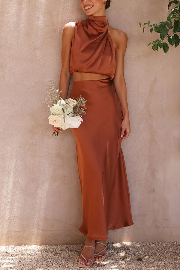 Zweiteiliges Satin Set für Damen – Elegantes Neckholder Top & Maxi Rock für Hochzeit, Event & Sommer