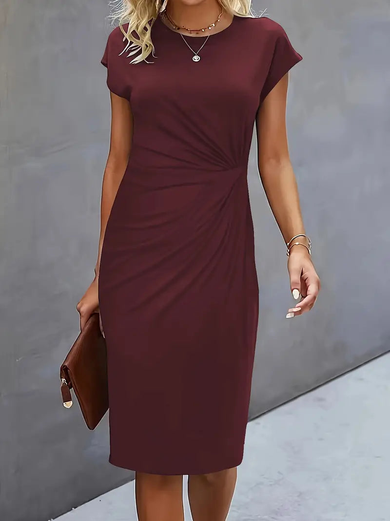 Abito a tubino da donna con pieghe – Abito da lavoro aderente con scollo rotondo per ufficio, eventi e look serali