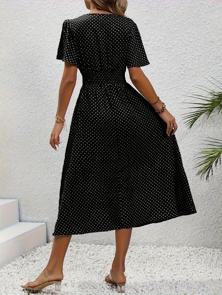 Abito midi da donna con pois e coulisse – Abito estivo arioso con scollo a V e maniche corte
