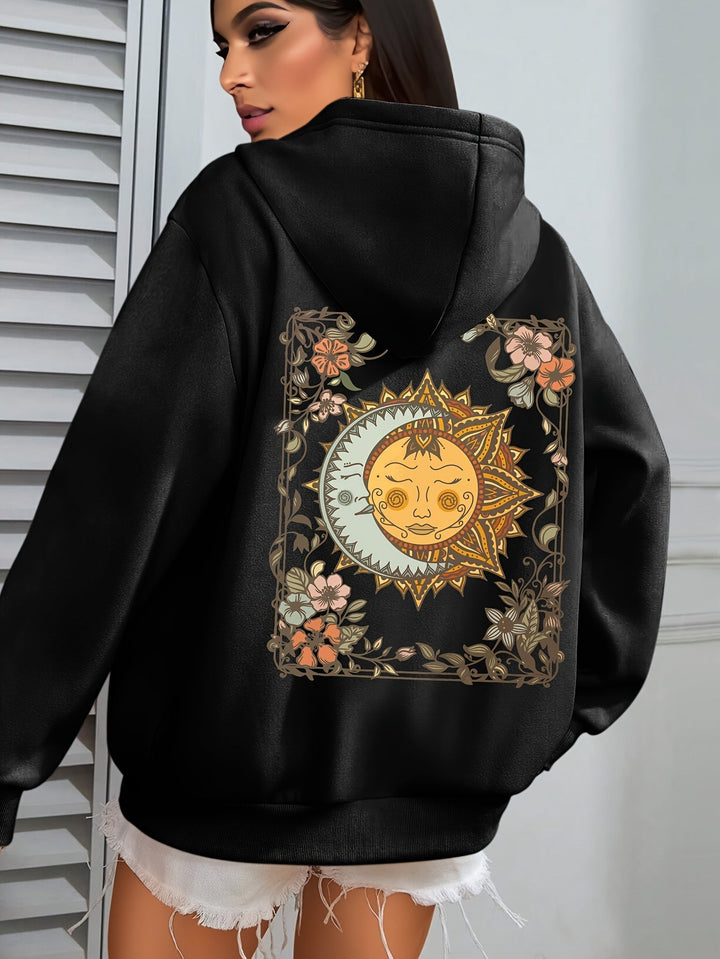 Damen Hoodie mit Sonne & Mond Print – Oversized Kapuzenpullover mit astrologischem Boho-Muster