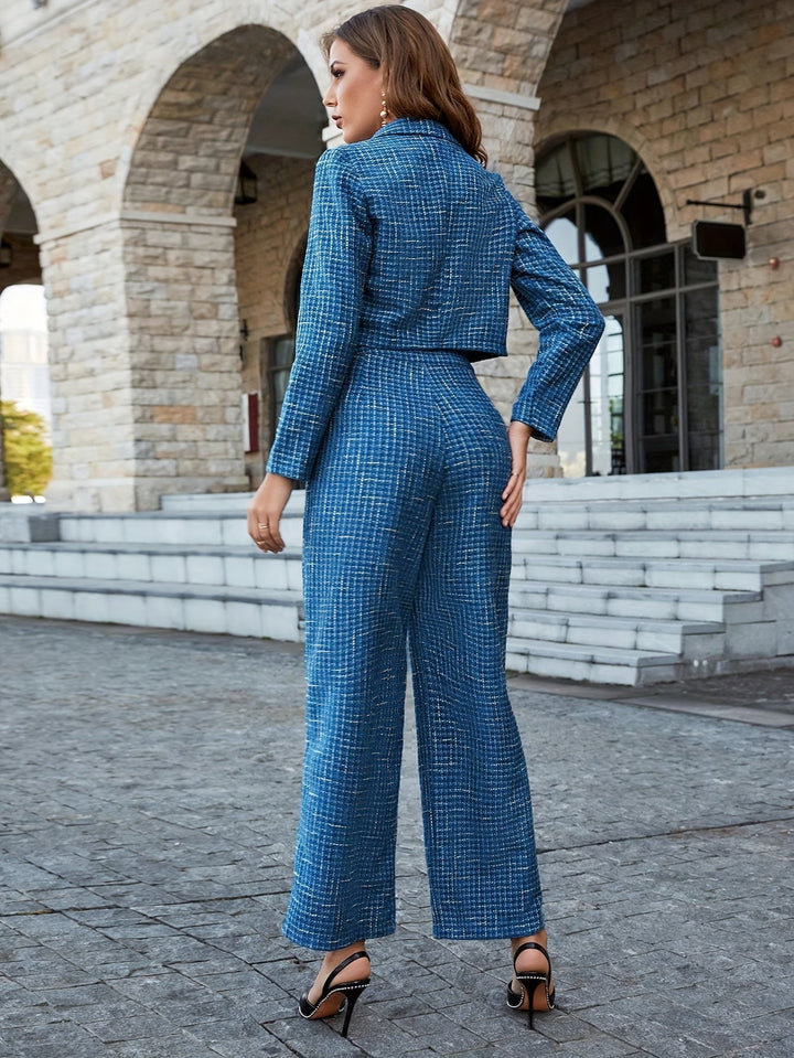 Stilvolles Tweed Cropped Blazer Und Hosen Outfit Set Für Damen | Für formelle Anlässe