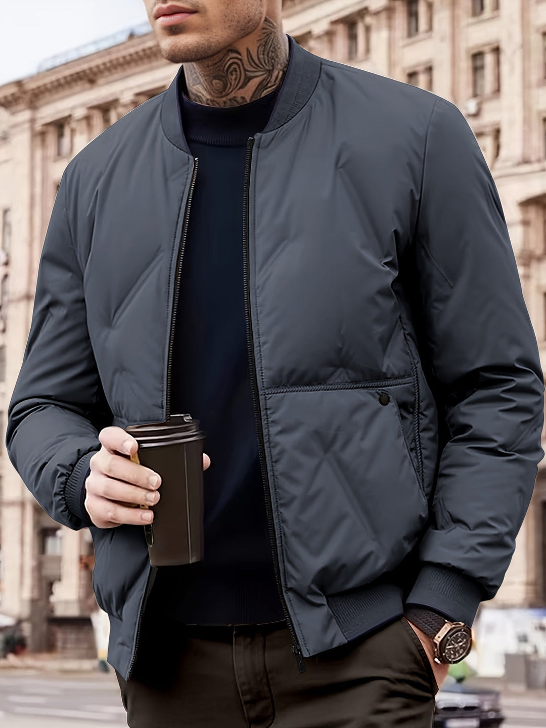 Veste d'hiver chaude à col baseball avec fermeture éclair, polaire unie avec poches pour hommes | Parfait pour les activités de plein air