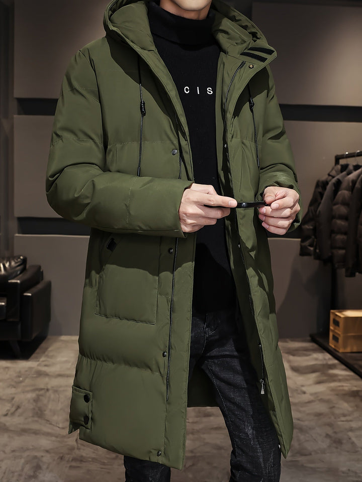 Veste longue noire chaude matelassée avec capuche en coton pour homme | Parfaite pour les activités de plein air