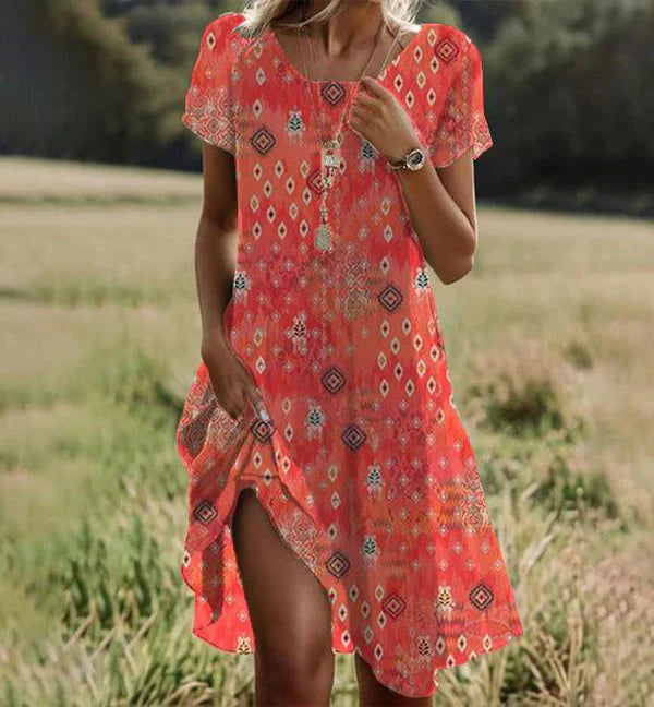 Boho Sommerkleid mit Ethno-Muster – Leichtes Kurzarmkleid mit lockerer Passform für Urlaub, Festival & Alltag