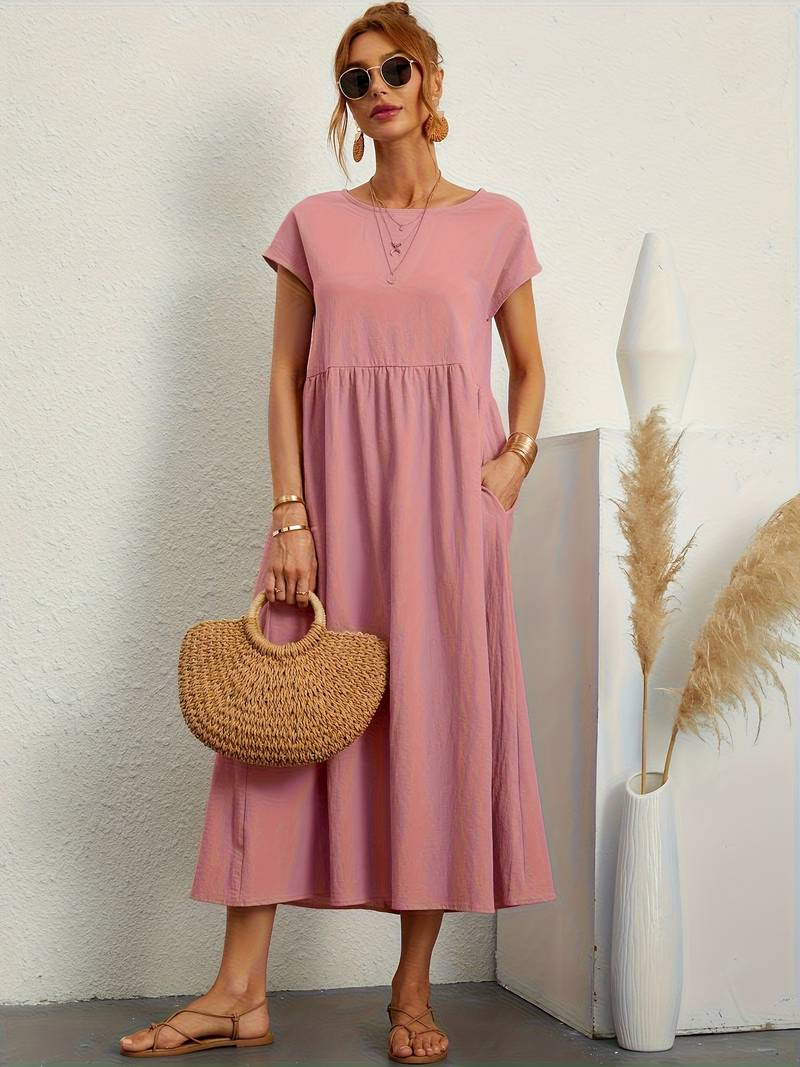 Luftiges Damen Sommerkleid – Casual Maxikleid mit Taschen & Rundhalsausschnitt