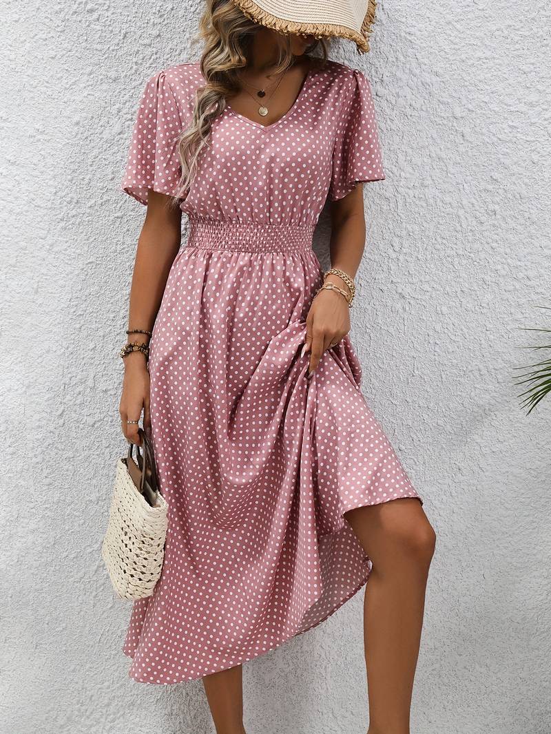 Abito midi da donna con pois e coulisse – Abito estivo arioso con scollo a V e maniche corte