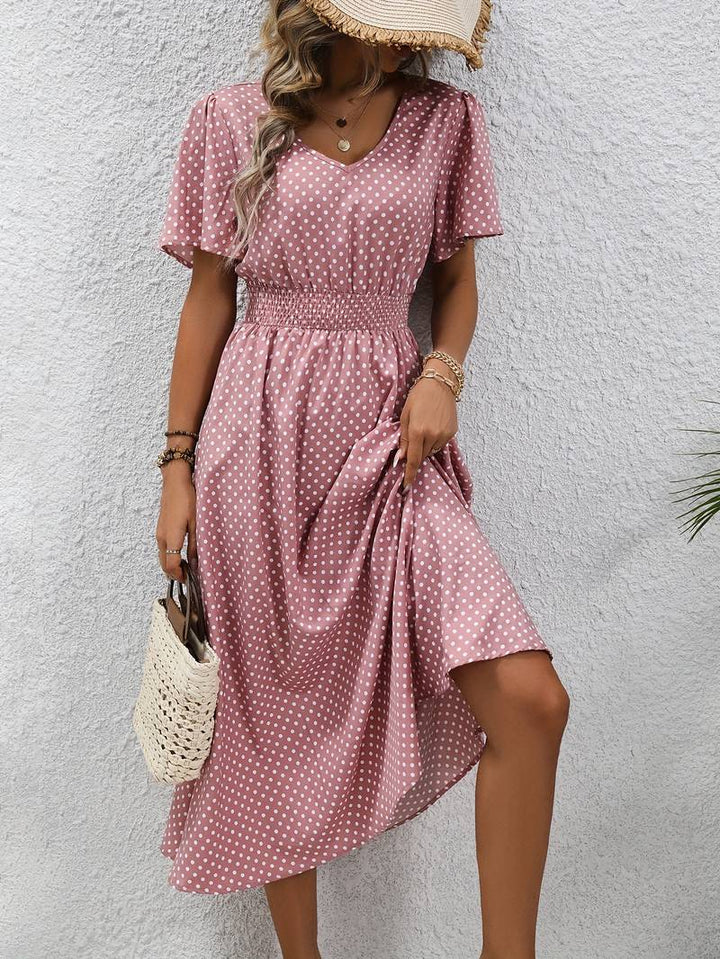 Abito midi da donna con pois e coulisse – Abito estivo arioso con scollo a V e maniche corte